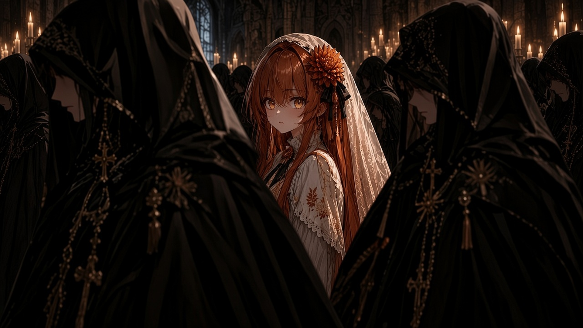 Claude Chan ringed by black robes, head bowed